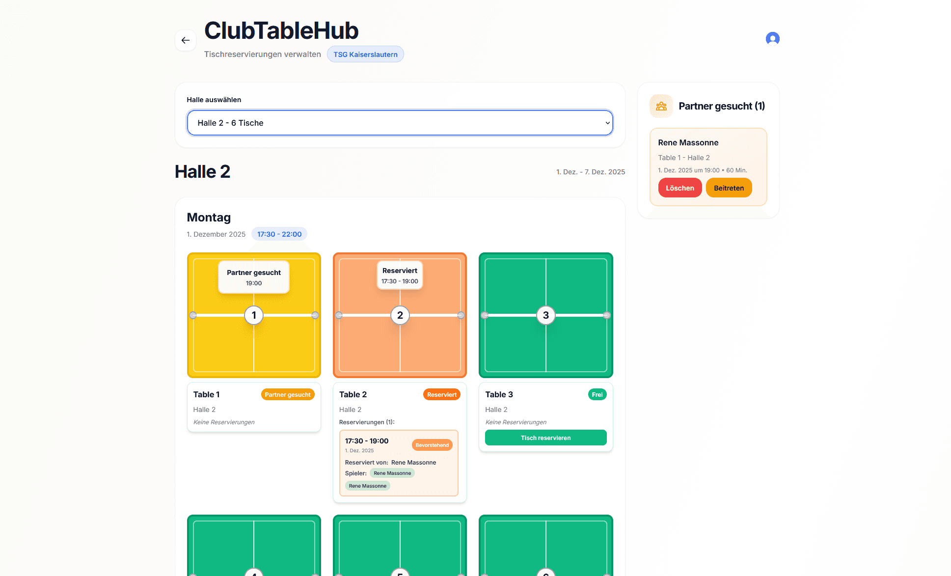 ClubTableHub Halls View